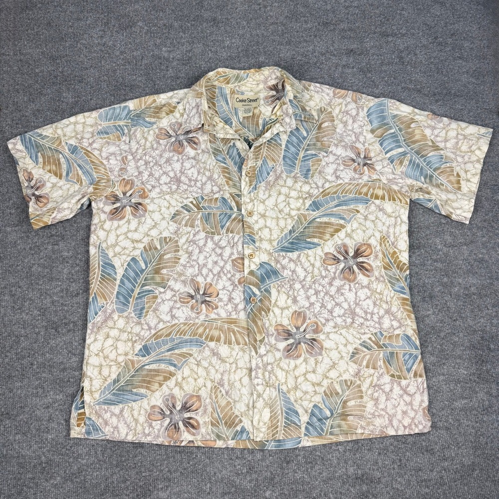 Cooke Street Honolulu Mens Cotton Aloha Shirt Tropical Hibiscus Batik Size Large